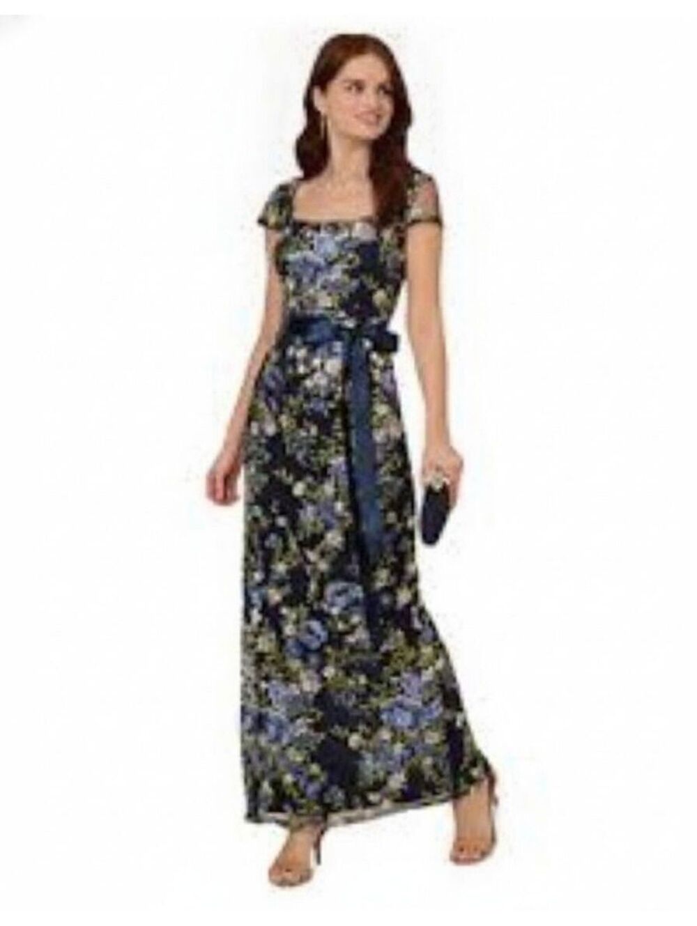 Adrianna Papell navy floral scalloped mesh floor length gown size 14